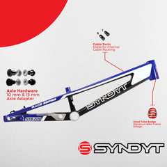 Syndyt 220 Pro 3XL BMX Racing Bike Frame – 22” Top Tube, 6061-T6 Aluminum (4.15 lbs), Tapered 42/52 Head Tube, B52 Tech BB, 10/15/20mm Hubs, 140mm Disc Brake, Chain Tensioners – Blue Bicycle Frame