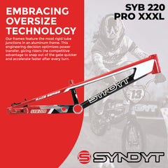 Syndyt 220 Pro 3XL BMX Racing Bike Frame – 22” Top Tube, 6061-T6 Aluminum (4.15 lbs), Tapered 42/52 Head Tube, B52 Tech BB, 10/15/20mm Hubs, 140mm Disc Brake, Chain Tensioners – Red Bicycle Frame