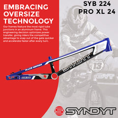 Syndyt 224 Pro XL 24 BMX Cruiser Bike Frame – 22” Top Tube, 6061-T6 Aluminum (4.30 lbs), Tapered 42/52 Head Tube, B52 Tech BB, 10/15/20mm Hubs, 140mm Disc Brake, Chain Tensioners – Blue Bicycle Frame