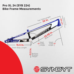 Syndyt 224 Pro XL 24 BMX Cruiser Bike Frame – 22” Top Tube, 6061-T6 Aluminum (4.30 lbs), Tapered 42/52 Head Tube, B52 Tech BB, 10/15/20mm Hubs, 140mm Disc Brake, Chain Tensioners – Blue Bicycle Frame