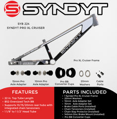 Syndyt 224 Pro XL 24 BMX Cruiser Bike Frame – 22” Top Tube, 6061-T6 Aluminum (4.30 lbs), Tapered 42/52 Head Tube, B52 Tech BB, 10/15/20mm Hubs, 140mm Disc Brake, Chain Tensioners – Gray Bicycle Frame