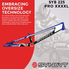 Syndyt 225 Pro 4XL BMX Racing Bike Frame – 22.5” Top Tube, 6061-T6 Aluminum (4.19 lbs), Tapered 42/52 Head Tube, B52 Tech BB, 10/15/20mm Hubs, 140mm Disc Brake, Chain Tensioners – Blue Bicycle Frame