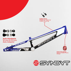 Syndyt 225 Pro 4XL BMX Racing Bike Frame – 22.5” Top Tube, 6061-T6 Aluminum (4.19 lbs), Tapered 42/52 Head Tube, B52 Tech BB, 10/15/20mm Hubs, 140mm Disc Brake, Chain Tensioners – Blue Bicycle Frame