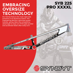 Syndyt 225 Pro 4XL BMX Racing Bike Frame – 22.5” Top Tube, 6061-T6 Aluminum (4.19 lbs), Tapered 42/52 Head Tube, B52 Tech BB, 10/15/20mm Hubs, 140mm Disc Brake, Integrated Chain Tensioners – Gray