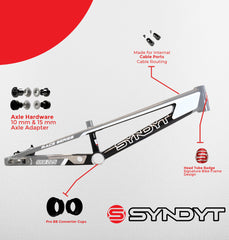 Syndyt 225 Pro 4XL BMX Racing Bike Frame – 22.5” Top Tube, 6061-T6 Aluminum (4.19 lbs), Tapered 42/52 Head Tube, B52 Tech BB, 10/15/20mm Hubs, 140mm Disc Brake, Integrated Chain Tensioners – Gray