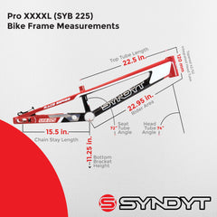 Syndyt 225 Pro 4XL BMX Racing Bike Frame – 22.5” Top Tube, 6061-T6 Aluminum (4.19 lbs), Tapered 42/52 Head Tube, B52 Tech BB, 10/15/20mm Hubs, 140mm Disc Brake, Integrated Chain Tensioners – Red