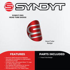 Syndyt BMX Bike Head Tube Badge - Red Anodized Aluminum, Recessed Silver S Logo, 3M Adhesive, Fits PRO (1-1/8”) BMX Frames