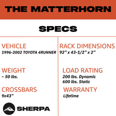 Sherpa - The Matterhorn Full Height Aluminum Roof Rack with Crossbars Made for 1996-2002 Toyota 4Runner - Drill Free Rack for Tents; Kayaks; Bikes; Skis Made in the USA