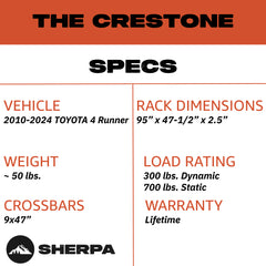 Sherpa -The Crestone Full Height Aluminum Roof Rack with Crossbars Made for 2010-24 Toyota 4Runner 5th Generation - Drill Free Rack for Tents; Kayaks; Bikes; Skis Made in the USA