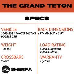 Sherpa - The Grand Teton Half Height/Single Row Light Aluminum Roof Rack with Crossbars Made for 2005-2023 Toyota Tacoma Double Cab - Drill Free Rack for Tents; Kayaks; Bikes; Skis Made in the USA