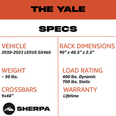 Sherpa -The Yale Full Height Aluminum Roof Rack with Crossbars Made for 2010-2023 Lexus GX460 - Drill Free Rack for Tents; Kayaks; Bikes; Skis Made in the USA