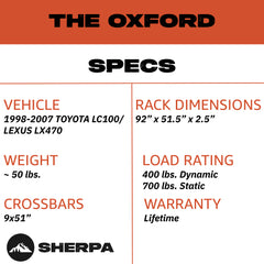 Sherpa -The Oxford Full Height Aluminum Roof Rack with Crossbars Made for 1998-2007 Toyota LC100 & Lexus LX470 - Drill Free Rack for Tents; Kayaks; Bikes; Skis Made in the USA