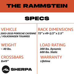 Sherpa - The Rammstein Half Height/Single Row Light Aluminum Roof Rack with Crossbars Made for 2003-2010 Cayenne & Touareg - Drill Free Rack for Tents; Kayaks; Bikes; Skis Made in the USA