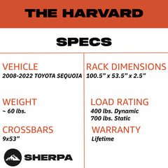 Sherpa - The Harvard Half Height/Single Row Light Aluminum Roof Rack with Crossbars Made for 2008-2022 Toyota Sequoia - Drill Free Rack for Tents; Kayaks; Bikes; Skis Made in the USA