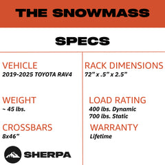 Sherpa - The Snowmass Half Height/Single Row Light Aluminum Roof Rack with Crossbars Made for 2019-2025 Toyota RAV4 - Drill Free Rack for Tents; Kayaks; Bikes; Skis Made in the USA