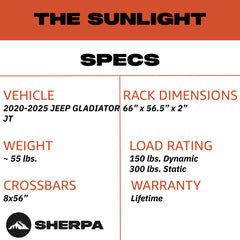 Sherpa -The Sunlight Full Height Aluminum Roof Rack with Crossbars Made for 2020-2025 Jeep Gladiator JT - Drill Free Rack for Tents; Kayaks; Bikes; Skis Made in the USA