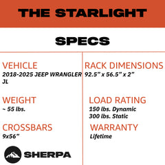 Sherpa -The Starlight Full Height Aluminum Roof Rack with Crossbars Made for 2018-2025 Jeep Wrangler JL - Drill Free Rack for Tents; Kayaks; Bikes; Skis Made in the USA