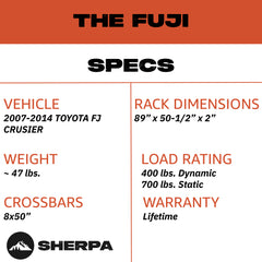 Sherpa - The Fuji Half Height/Single Row Light Aluminum Roof Rack with Crossbars Made for 2007-2014 Toyota FJ Cruiser - Drill Free Rack for Tents; Kayaks; Bikes; Skis Made in the USA