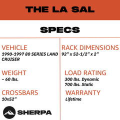 Sherpa -The La Sal Full Height Aluminum Roof Rack with Crossbars Made for 1990-1997 Toyota 80 Series Land Cruiser - Drill Free Rack for Tents; Kayaks; Bikes; Skis Made in the USA