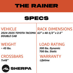 Sherpa -The Rainier Full Height Aluminum Roof Rack with Crossbars Made for 2024-2025 Toyota Tacoma Double Cab - Drill Free Rack for Tents; Kayaks; Bikes; Skis Made in the USA