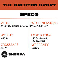 Sherpa - The Crestone Sport Full Height Aluminum Roof Rack with Crossbars Made for 2010-24 Toyota 4Runner 5th Gen. - Drill Free Rack for Tents; Kayaks; Bikes; Skis Made in the USA