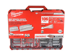 Milwaukee 48-22-9486 106-Piece 1/4 in. and 3/8 in. Drive SAE and Metric Ratchet and Socket Mechanics Tool Set with PACKOUT Low-Profile Organizer, 90-Tooth Ratchet, FOUR FLAT Sockets, IP65-Rated Case