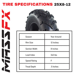 MASSFX 25x8-12 Front Tire for ATV, UTV, and SxS - 6-Ply with 1/2" Tread Depth