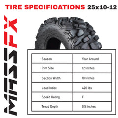 MASSFX QL251012 6PLY 25" 25x10-12 Rear ATV Tire 25x10x12
