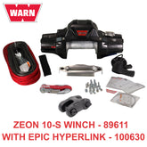 Warn ZEON 10-S 12V Electrical Utility Winch with 100 ft of 3/8 in Spydura Synthetic Rope & 10,000 lbs. for Trucks & SUVs - Includes Wired Remote and EPIC Dual Pin "H" Shape Shackle Hyperlink (89611)