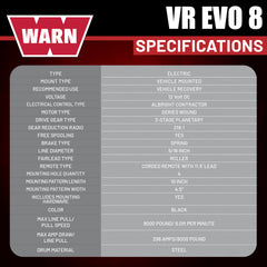 WARN VR EVO 8 Standard Duty Electric Winch for 2-door Jeeps and lighter SUVs , 12V DC, 8,000 lb Line Pull, 90 ft Steel Cable with Roller Fairlead, IP68 Waterproof, Series-Wound Motor.