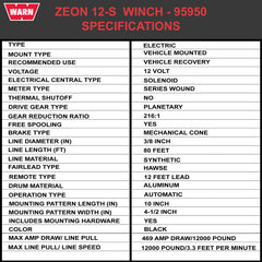 WARN ZEON 12-S 12V Winch - 12000 lb Capacity, 80ft Spydura Pro Synthetic Rope, Hawse Fairlead, Wireless Remote, IP68 Waterproof, Heavy Duty for Trucks, Jeeps, SUVs & Off-Road (95950)