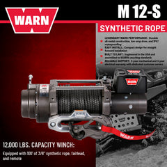 WARN 97720 M12-S Electric 12V Heavyweight Winch with Spydura Synthetic Cable Rope: 3/8" Diameter x 100' Length, 6 Ton (12,000 lb) Pulling Capacity