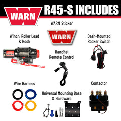 Warn R45-S Rope Winch - 4,500 lb. Pulling Capacity, equipped with 50’ of 1/4” synthetic rope & dash-mounted rocker switch - Remote and Fairlead for ATV, UTV, Side by Side, and SXS Recovery & Towing