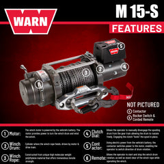 WARN 97730 M15-S Electric 12V Heavyweight Winch with Spydura Synthetic Cable Rope: 3/8" Diameter x 80' Length, 7.5 Ton (15,000 lb) Pulling Capacity