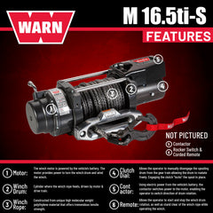 WARN 97740 16.5TI-S Electric 12V Heavyweight Winch with Spydura Pro Synthetic Cable Rope: 3/8" Diameter x 80' Length, 8.25 Ton (16,500 lb) Pulling Capacity