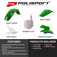 Polisport Motocross (MX) Replica Plastic Kit for Kawasaki KX 65 (2000-25) Dirt Bike – OEM Quality, Durable, Flexible & Perfect Fit – Green/White