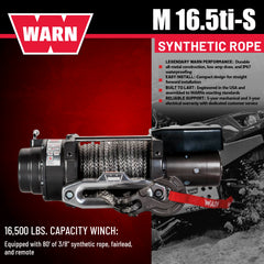 WARN 97740 16.5TI-S Electric 12V Heavyweight Winch with Spydura Pro Synthetic Cable Rope: 3/8" Diameter x 80' Length, 8.25 Ton (16,500 lb) Pulling Capacity