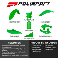 Polisport Motocross (MX) Replica Plastic Kit for Kawasaki KX 450 (2024-2025) Dirt Bike – OEM Quality, Durable, Flexible & Perfect Fit – Green