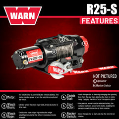 Warn R25-S Rope Winch - 2,500 lb. Pulling Capacity, equipped with 50’ of 3/16” synthetic rope & remote-mounted rocker switch - Fairlead for ATV, UTV, Side by Side, and SXS Recovery & Towing