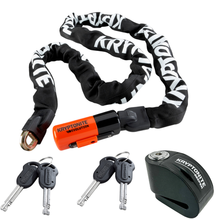 Kryptonite 1016 Evolution 9.7 Pound Bike Chain + Keeper Alarm Disc Lock, 5.25 ft Long 10mm Steel Chain with Keys, and Compact Disc Brake Lock for Bicycles, E-Bikes, Motorcycles, Scooters