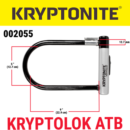 Kryptonite Kryptolok ATB U-Lock,  12.7mm hardened performance steel shackle, Double deadbolt design, 2 Stainless Steel Keys, Lightweight 3.2 lbs, High Security for E-Bikes, Mountain Bikes, & Scooters