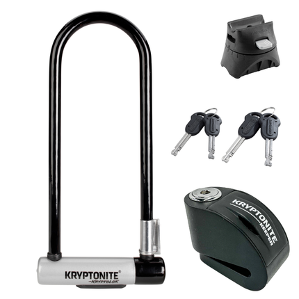 Kryptonite Kryptolok ATB U-Lock and Kryptonite Keeper Alarm Disc Lock, Double deadbolt design, 2 Stainless Steel Keys,  Compact Disc Brake Lock for Bicycles, E-Bikes, Motorcycles, Scooters
