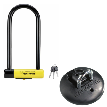 Kryptonite New York Long Shackle Bike U-Lock + Kryptonite Stronghold Anchor Bundle, Heavy Duty Anti-Theft Security Bicycle Lock, 16mm Long Shackle with Keys, Permanent Locking Point for Bikes