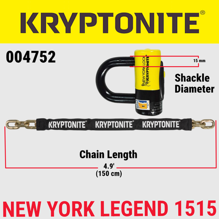 Kryptonite New York 1515 Legend Chain & Disc Lock + Stronghold Anchor, 4.9 ft Long 15 mm Steel Chain & Disc Lock with Keys,  Durable steel anchor mounts, Permanent Locking Point for Bikes