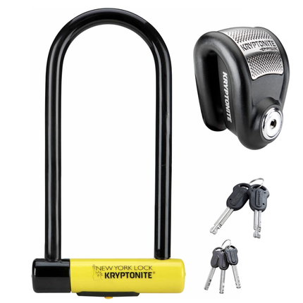 Kryptonite KryptoLok Alarm Weatherproof Disc Lock with 2 Keys with Kryptonite New York U-Lock M-18WL, Heavy Duty U-Lock