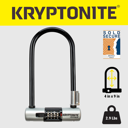 Kryptonite 005797 KryptoLok Combo U-Lock 12.7mm Hardened Steel Bicycle Lock with 4-Digit Resettable Combination, Double Deadbolt Security, FlexFrame Bracket, 4 x 9 Inch, Vinyl Coating, Black