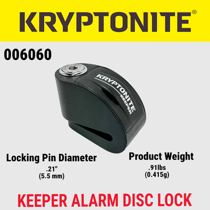 Kryptonite 006060 Keeper Alarm Disc Lock, 100dB Alarm, 5.5mm Pin, Fits Rotors Up to 7mm, IPX7 Waterproof, Compact Disc Brake Lock for Bikes, E-Bikes, Scooters & Motorcycles, 2 Keys Included