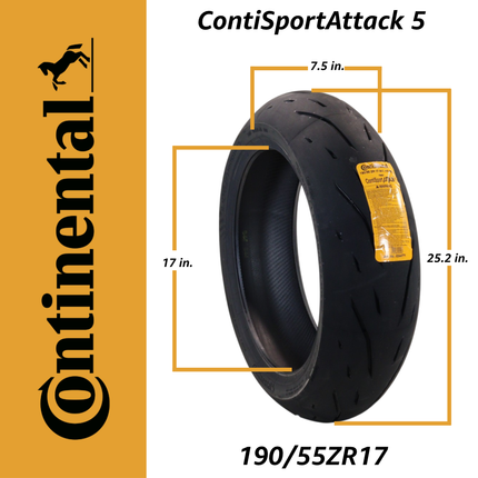 Continental ContiSportAttack 5 190/55ZR17 M/C (75W) TL Rear Motorcycle Tire - High Performance Hypersport Radial Tire for Sportbikes, Track & Street Riding, Tubeless
