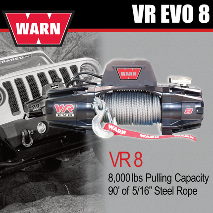 WARN VR EVO 8 Standard Duty Electric Winch for  2-door Jeeps and SUVs, 12V DC, 8,000 lb Line Pull, 90 ft Steel Cable with Roller Fairlead, IP68 Waterproof, Includes "H" shaped hyperlink shackle