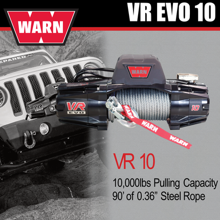 WARN VR EVO 10 Standard Duty Elec Winch for 1/2-ton trucks, Jeeps, and SUVs, 12V DC, 10,000lb Line Pull, 90 ft Steel Cable with Roller Fairlead, IP68 Waterproof, Includes "H" shaped hyperlink shackle